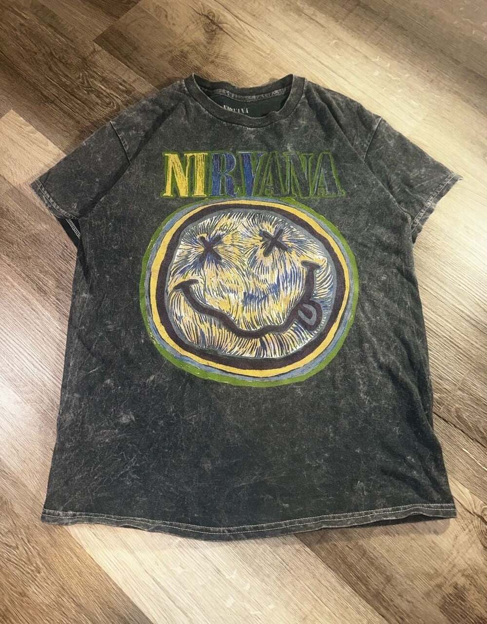 Nirvana Smiley Face Acid Wash Graphic T-Shirt Size M